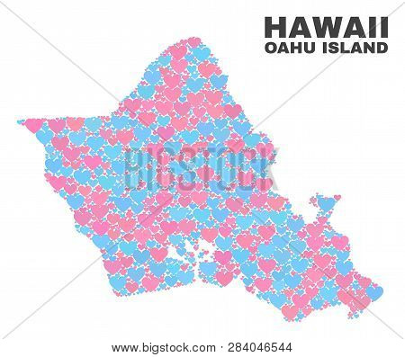 Mosaic Oahu Island Map Of Lovely Hearts In Pink And Blue Colors Isolated On A White Background. Love