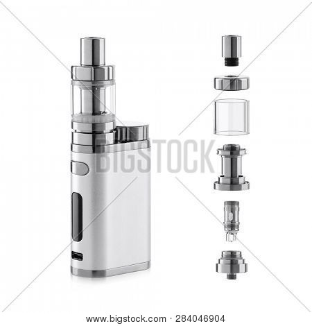 Vape electronic cigarette with atomizer components isolated on white background