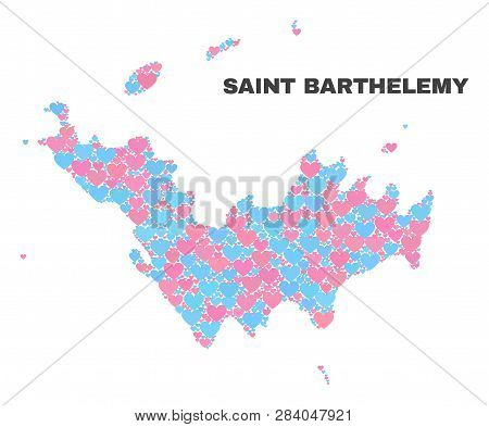 Mosaic Saint Barthelemy Map Of Lovely Hearts In Pink And Blue Colors Isolated On A White Background.