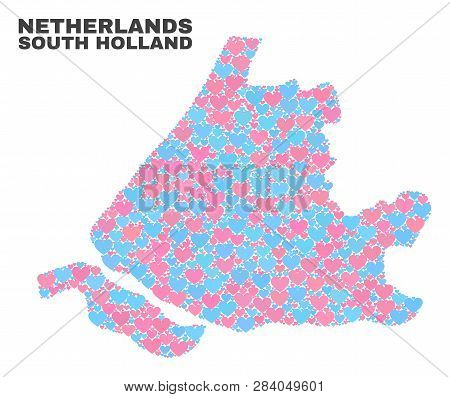 Mosaic South Holland Map Of Lovely Hearts In Pink And Blue Colors Isolated On A White Background. Lo