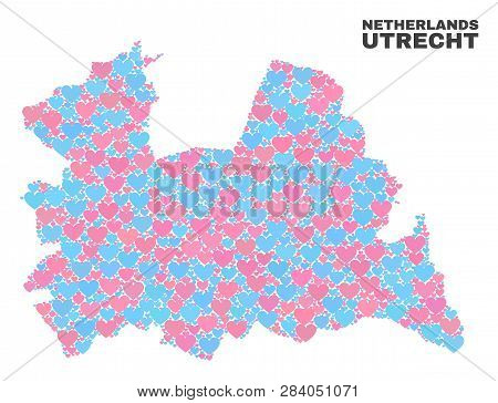 Mosaic Utrecht Province Map Of Valentine Hearts In Pink And Blue Colors Isolated On A White Backgrou