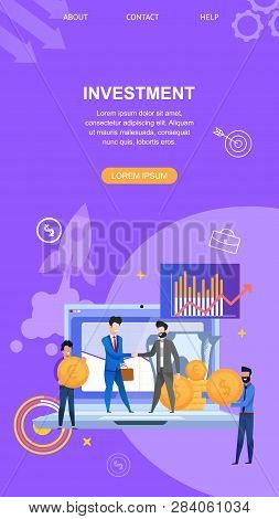 Investments Vertical Banner Flat Vector Illustration. Background Flying Rocket. On Laptop Screen Cha