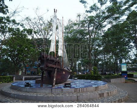 Tangerang, Indonesia - October 19, 2018: A Phinisi Boat Replica Stands At Taman Potret (portrait Par