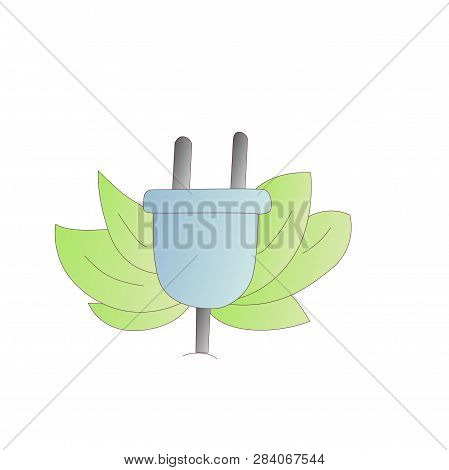 Electric Plug With Green Leaves Cartoon Illustration. Concept Of Saving Energy, Save Energy, Environ