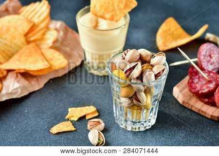 Aperitif Snacks At The Bar.relax In The Bar With Friends, Beer Party.  Selective Focus And Copy Spac