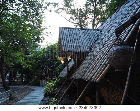 Tangerang, Indonesia - October 19, 2018: A Traditional Bamboo Hut At Taman Bambu (bamboo Park).