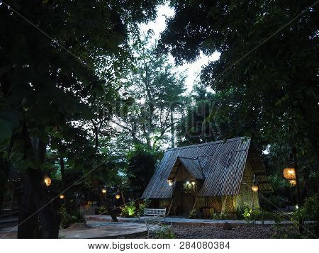 Tangerang, Indonesia - October 19, 2018: A Traditional Bamboo Hut At Taman Bambu (bamboo Park).