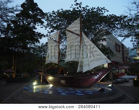 Tangerang, Indonesia - October 19, 2018: A Phinisi Boat Replica Stands At Taman Potret (portrait Par