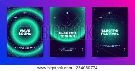 Electronic Music Poster, 3d Neon Round, Distorted Wave Lines. Dj Party Flyer Design With Movement An