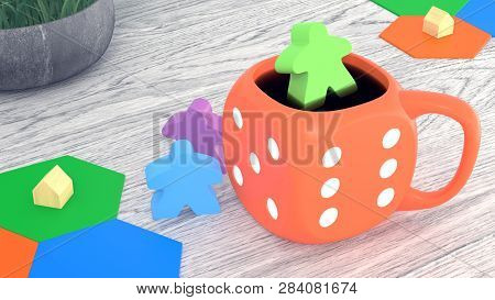 Illustration Orange Cup Of Coffee. Board Game, Dice And Meeples Are On The Table. 3d Rendering.