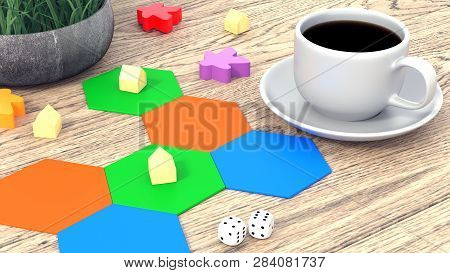 Illustration Orange Cup Of Coffee. Board Game, Dice And Meeples Are On The Table. 3d Rendering.