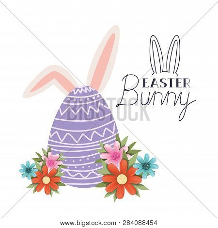 Easter Bunny Label With Egg And Rabbit Ears Icon Vector Illustration Desing