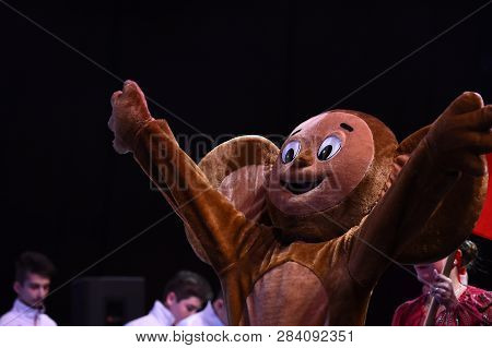Cheburashka Puppet Performance. Cute Life Size Puppet Opening The Gymnastics Competition. Stella Zak