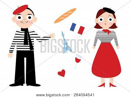 French Guys And Girlfriend, Eiffel Tower, Baguette, Wine And Heart