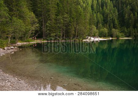 Walking On The Anterselva Lake In Alto Adige, South Tyrol, Italy, Europe