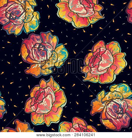 Floral Seamless Pattern With Pink Peony Flowers On A Dark Background. Vintage Background With Peonie