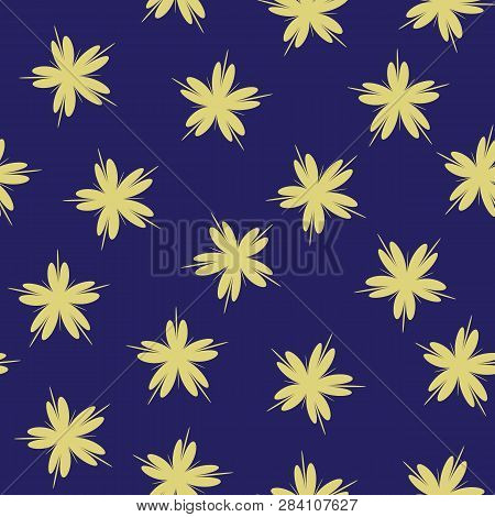 Seamless Pattern With Gold Flowers Cherry On A Deepblue Geometric Background.