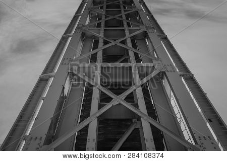 Bottom View Of The Railway Bridge. Metal Constructions Of The Railway Bridge, The Bottom View. Abstr