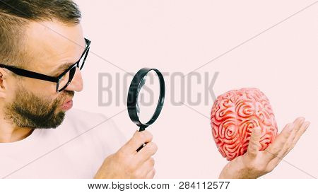 Adult Nerd Man Wearing Eyeglasses Looking At Human Brain Model. Thinking And Intelligence Conept