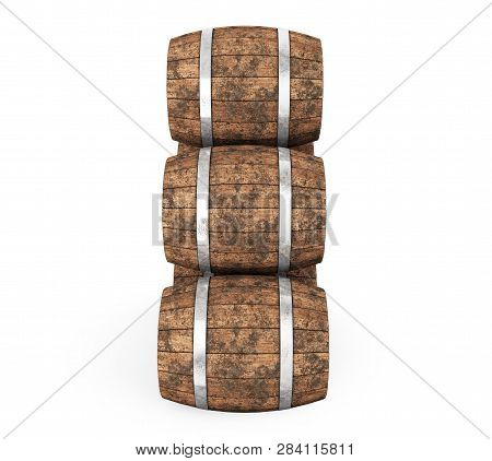 Wooden Barrel With Iron Hoops Isolated On White Background. 3d Rendering. Old Barrel With Rust On Th