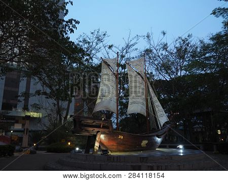 Tangerang, Indonesia - October 19, 2018: A Phinisi Boat Replica Stands At Taman Potret (portrait Par