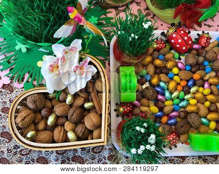 Novruz Setting Table Decoration, Tea In Tulip Shape Glass On Ethnic Motives Rustic Table Cloth With 