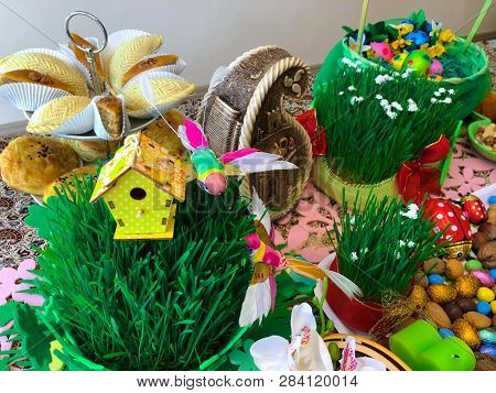 Novruz Setting Table Decoration, Tea In Tulip Shape Glass On Ethnic Motives Rustic Table Cloth With 
