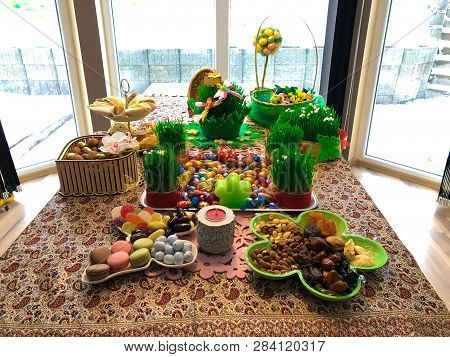 Novruz Setting Table Decoration, Tea In Tulip Shape Glass On Ethnic Motives Rustic Table Cloth With 
