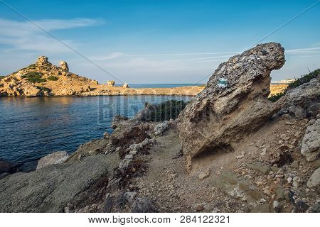 Marked Stone On A Tourists Route At Alagadi Beach On Northern Cyprus.