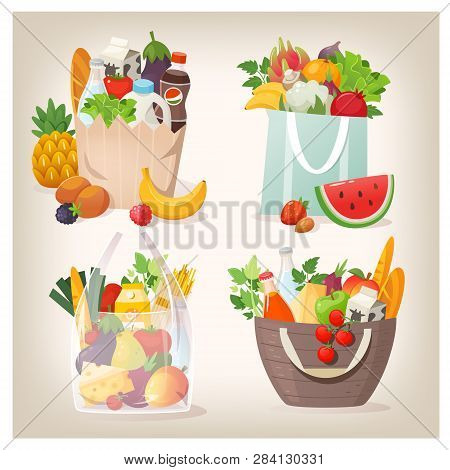Set Of Various Shopping Bags Filled With Fruit, Vegetables And Other Healthy Goods From Grocery Stor
