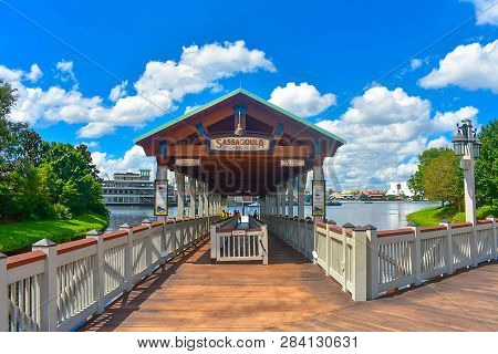 Orlando, Florida. January 12, 2019  Orlando, Florida. Wharf Of Water Taxis On Lightblue Sky Backgrou