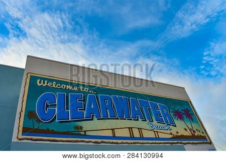 Clearwater Beach, Florida. January 25, 2019. Colorful Welcome To Clearwater Mural On Lightblue Cloud