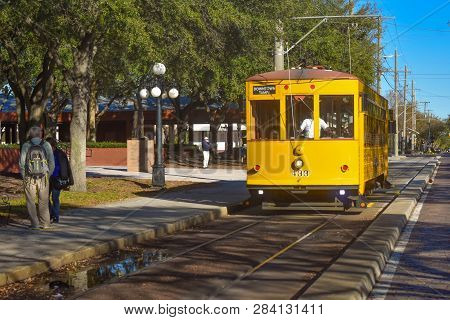 Ybor City (tampa Bay), Florida. January 08, 2019 Colorful Streetcar In Centennial Park Area On 8th A