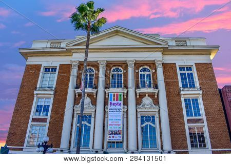 Ybor City Tampa Bay, Florida. January 19 , 2019  Old Italian Club Life In 7th Ave On Colorful Sky Ba