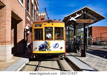 Ybor City Tampa Bay, Florida. January 19 , 2019  Street Car Station In 8th Ave. Ybor City Is A Histo