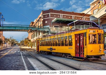 Ybor City Tampa Bay, Florida. January 19 , 2019  Streetcar Close To Ybor Centro Station.