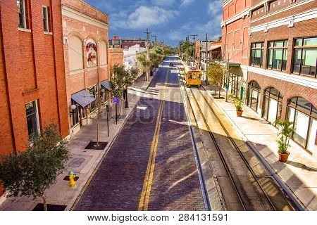Ybor City Tampa Bay, Florida. January 19 , 2019  Top View Of Streetcar In 8th Ave.