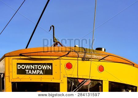 Ybor City Tampa Bay, Florida. January 19 , 2019  Top View Of Yellow Streetcar In 8th Ave.