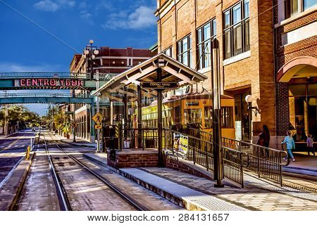 Ybor City Tampa Bay, Florida. January 19 , 2019 . Streetcar Station And Centro Ybor Sign.