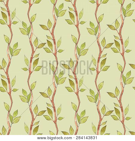 Green Eamless Pattern With Watercolor Branches And Leaves