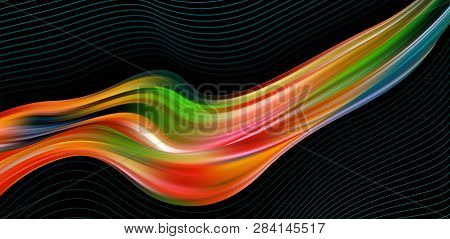 Colorful Flow Brushstroke. Wabe Sea Isolated Line.. Realistic Volume Brush Stroke. Liquid Paint Ink 