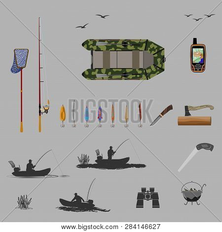 The Head Coach Of The Club Of Fishermen Rides On A Rubber Boat With A Motor. Fisherman In A Boat Is 