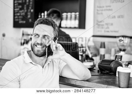 Man With Smartphone Order Coffee. Coffee Break Concept. Lets Meet In Cafe. Man Mobile Conversation C