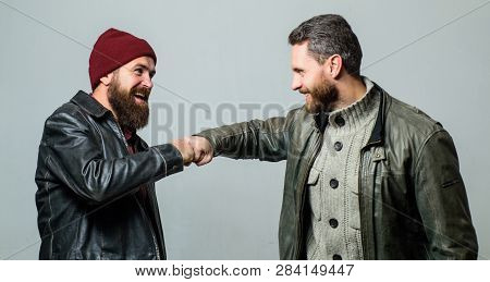 Real Friendship Mature Friends. Male Friendship Concept. Brutal Bearded Men Wear Leather Jackets. Re