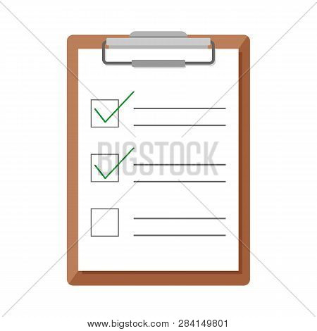 Clipboard And Checklist In Flat Design. Clipboard Isolated On White Background. Check Marks Concept.