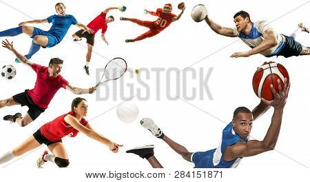 Attack. Sport Collage About Soccer, American Football, Basketball, Volleyball, Tennis, Rugby, Handba