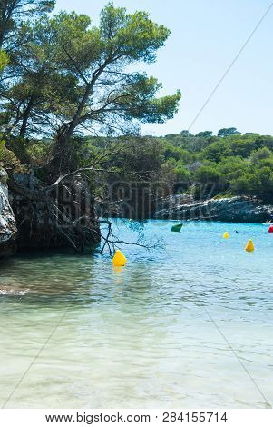 Heavenly Glimpse Of The Island Of Menorca With Trees On The Cliff Of The Crystal Clear Sea