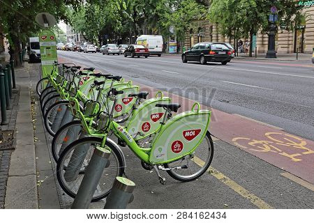 Budapest, Hungary - July 13, 2015: Bicycle Sharing Service Bubi Mol Rental At Street In Budapest, Hu