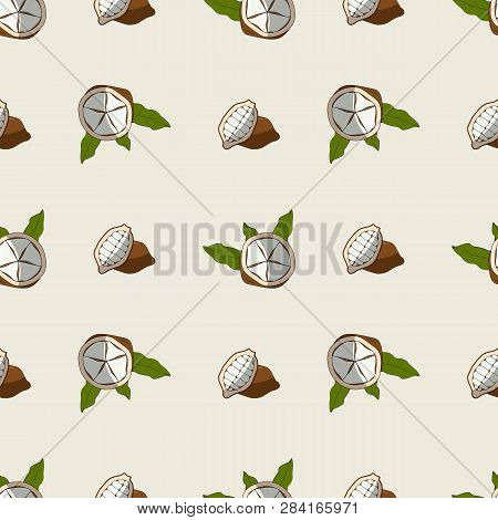Eco Food Print. Cacao. Seamless Pattern Cupuacu Exotic Cupuassu, Cupuazu And Copoasu