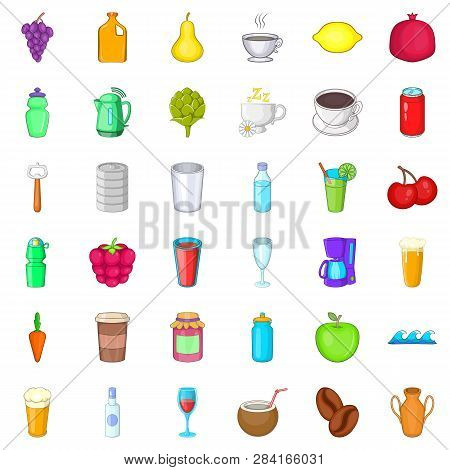 Fruit Drink Icons Set. Cartoon Style Of 36 Fruit Drink Icons For Web Isolated On White Background